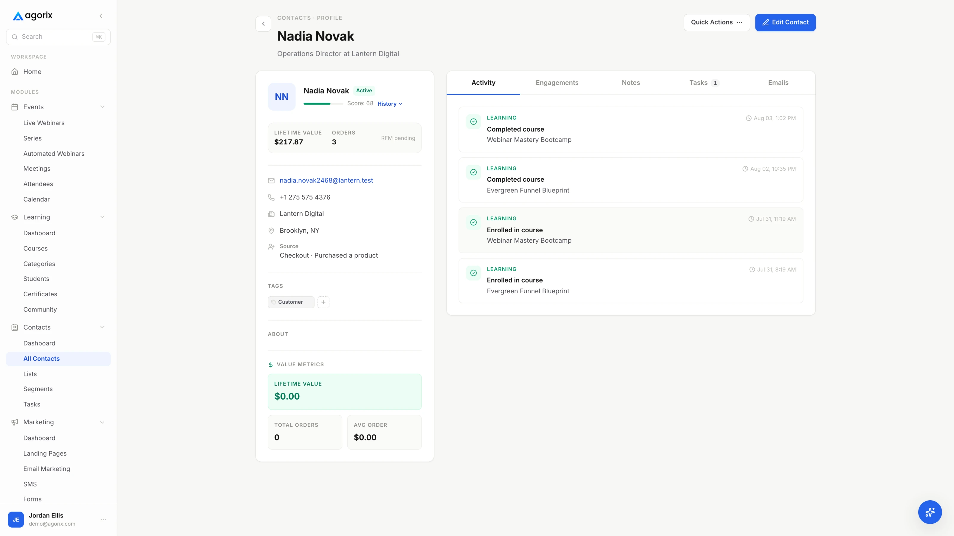 Contacts / The complete story in Agorix, with example data