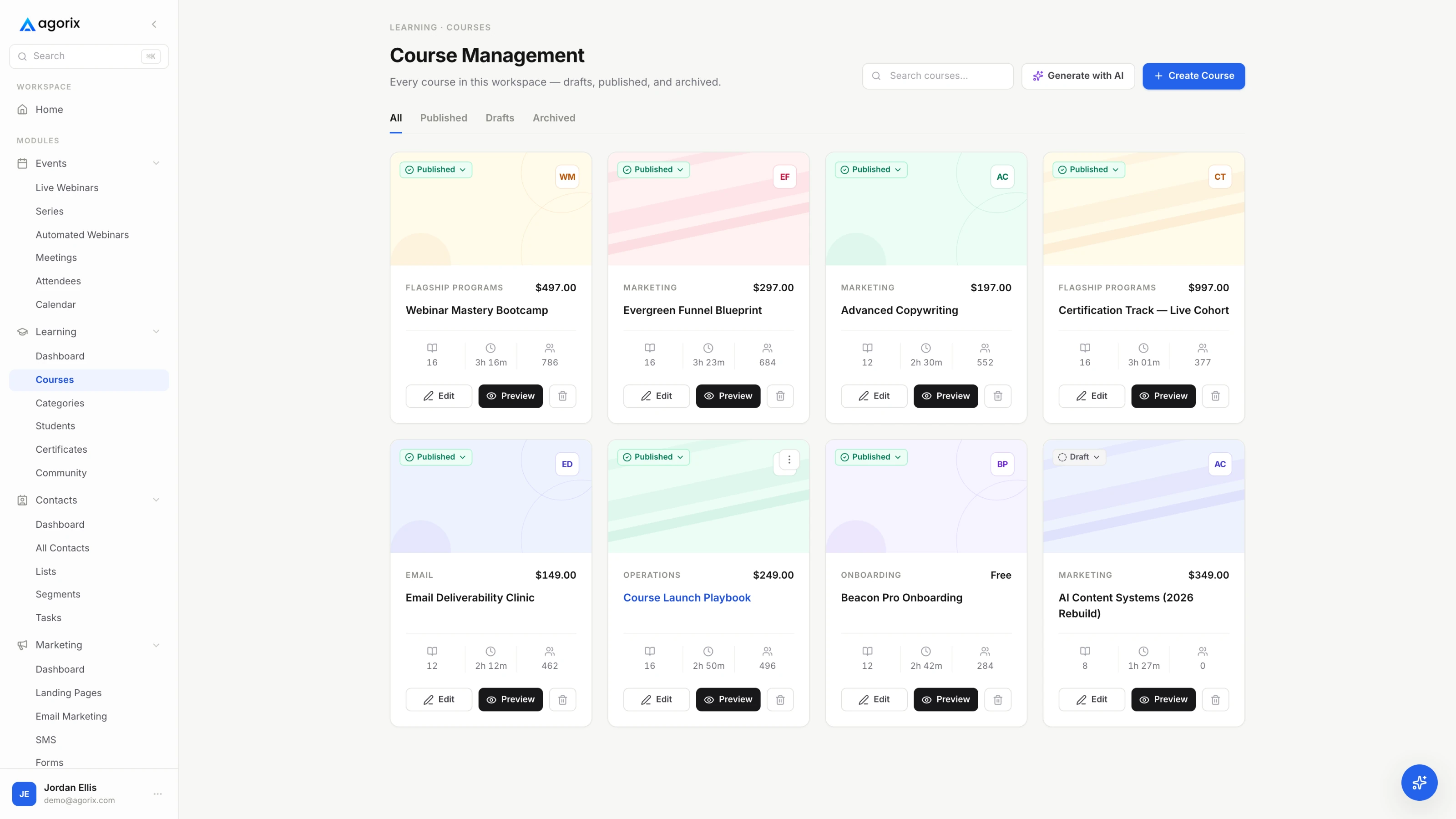 Learning / Courses in Agorix, with example data