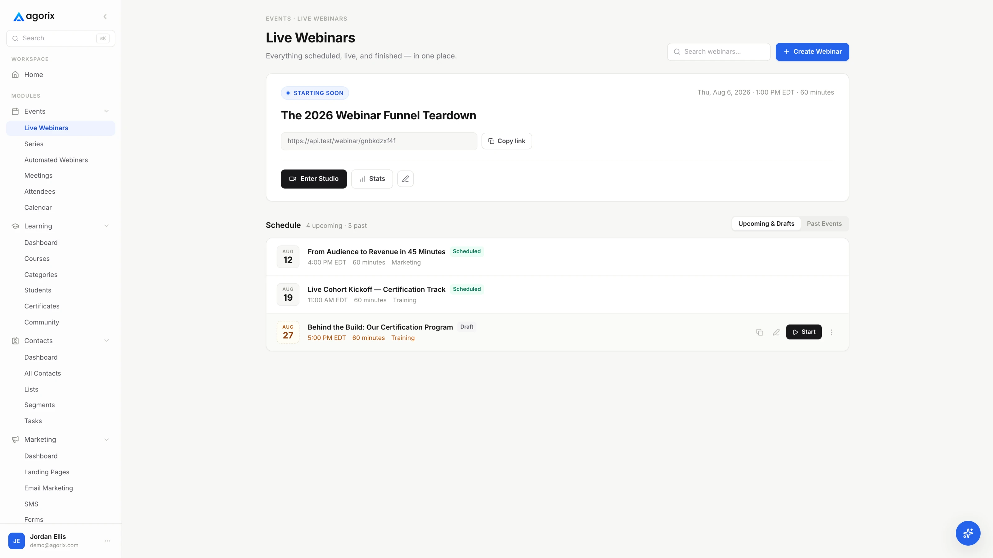 Events / Live webinars in Agorix, with example data