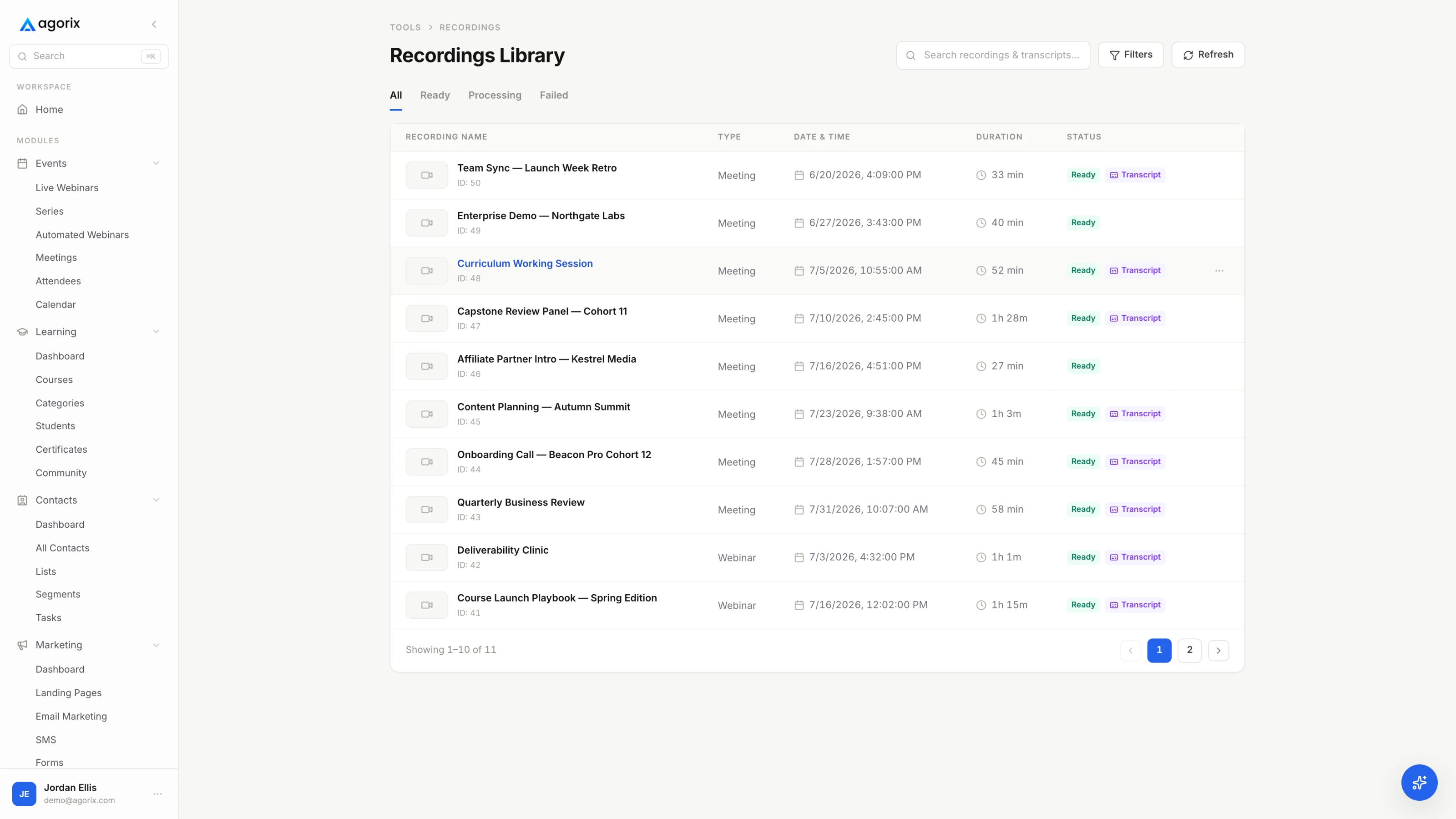 A recordings library listing each recorded session with its date, duration and status.